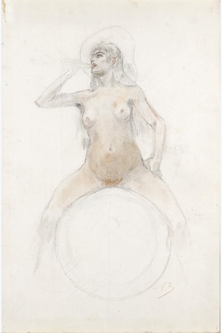 xx Félicien Rops (1833-1898) Femme assise sur une sphère Pencil and coloured pencils on (1 of 1)