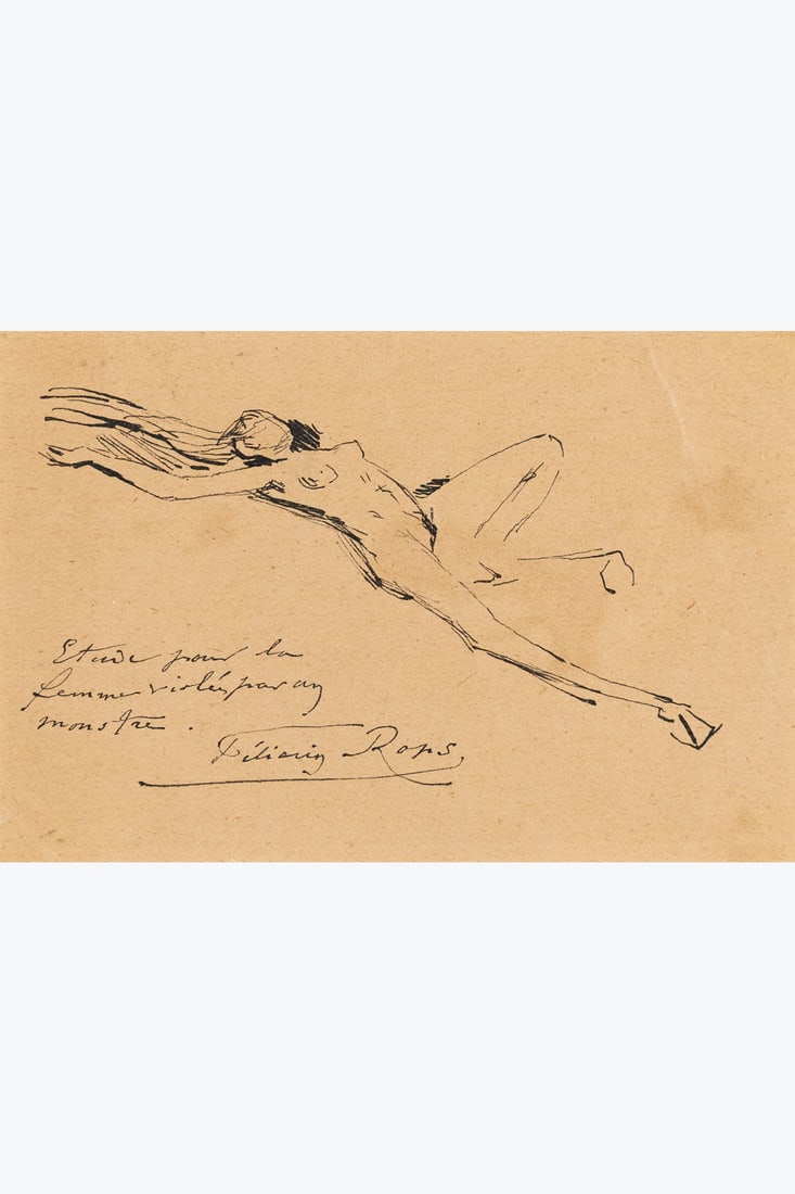 xx Félicien Rops (1833-1898) Etude pour La Femme violée par un monstre Indian ink on paper: xx Félicien Rops (1833-1898) Etude pour La Femme violée par un monstre Indian ink on paper Signed and titled lower left 8 x 11,5 cm