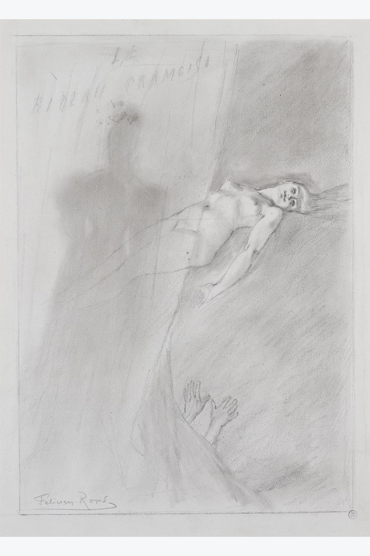 xx Félicien Rops (1833-1898) Le rideau cramoisi, 1879 Pencil on paper Signed lower left Titled: xx Félicien Rops (1833-1898) Le rideau cramoisi, 1879 Pencil on paper Signed lower left Titled top left 25 x 18 cm