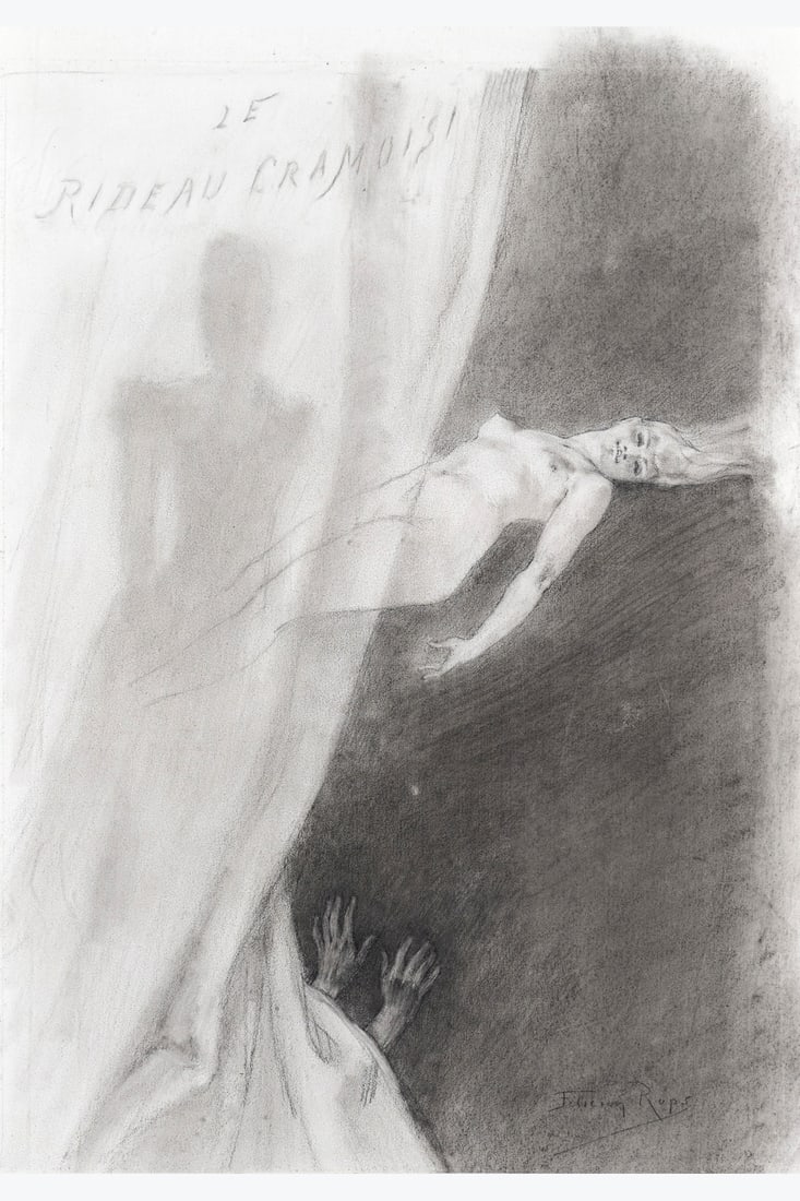 xx Félicien Rops (1833-1898) Le Rideau cramoisi Charcoal on paper Signed lower right Titled top: xx Félicien Rops (1833-1898) Le Rideau cramoisi Charcoal on paper Signed lower right Titled top left 25 x 18 cm Exhibitions: - 1975-1976 "Symbolism in Europe": - Rotterdam, Museum Boymans-van Beu