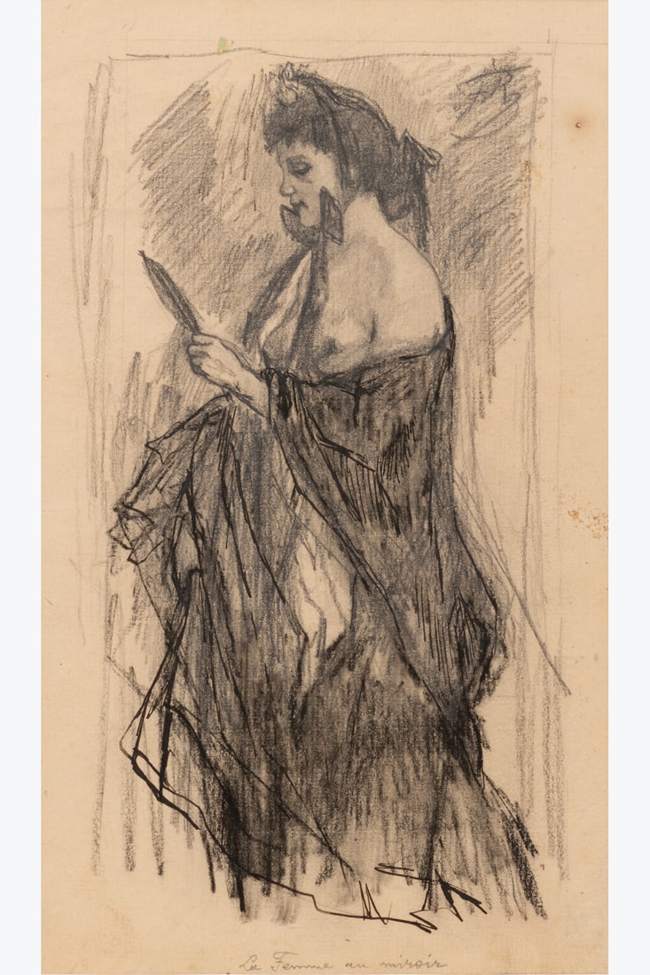 xx Félicien Rops (1833-1898) La femme au miroir Indian ink, charcoal and pencil on paper Titled: xx Félicien Rops (1833-1898) La femme au miroir Indian ink, charcoal and pencil on paper Titled at the bottom centre 24 x 14 cm