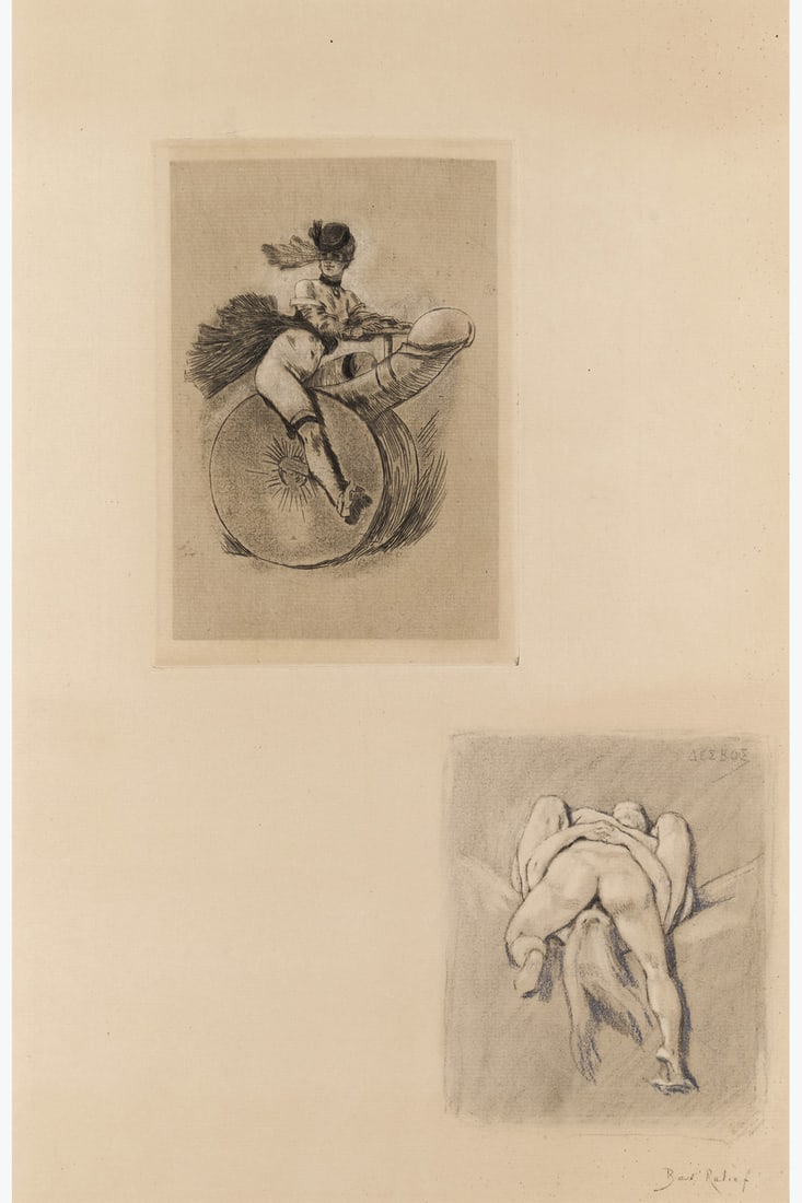 xx Félicien Rops (1833-1898) Le vélocipède - Bas-relief pour Lesbos, 1877: xx Félicien Rops (1833-1898) Le vélocipède - Bas-relief pour Lesbos, 1877 Heliogravure enhanced with coloured pencil, oil pastels and pencil on paper Titled and annotated in the lower r