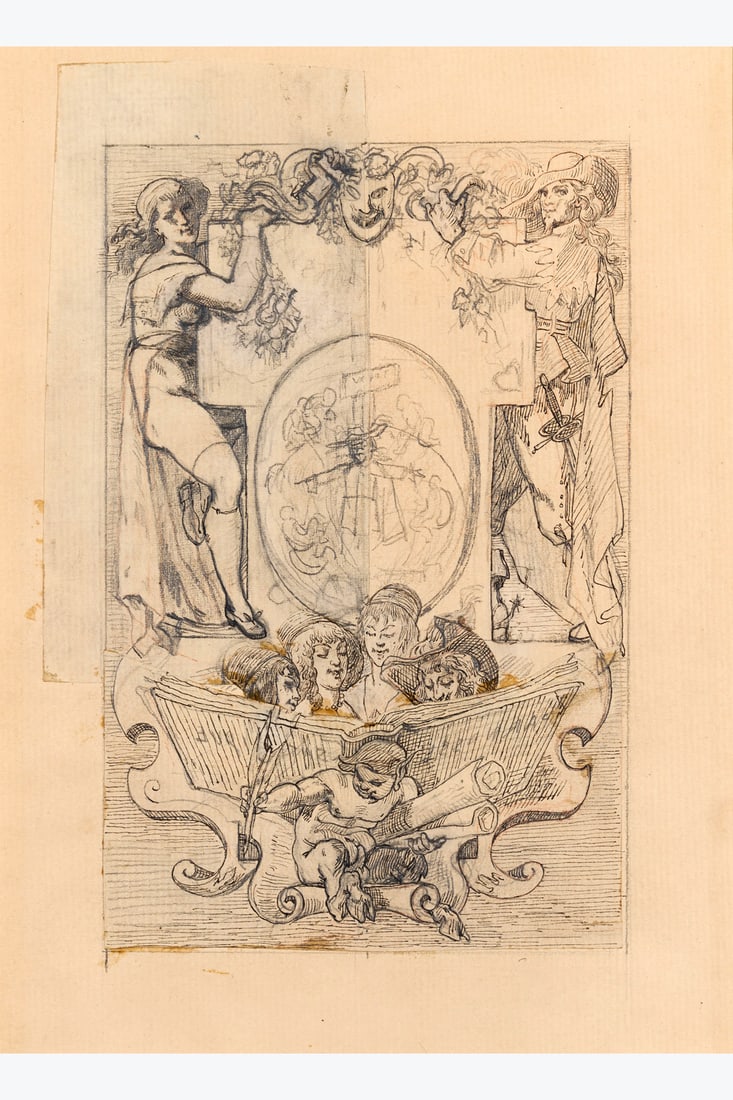 xx Félicien Rops (1833-1898) Le Parnasse Satyrique, 1864 Indian ink, red chalk and pencil on: xx Félicien Rops (1833-1898) Le Parnasse Satyrique, 1864 Indian ink, red chalk and pencil on collaged paper 19.5 x 14 cm