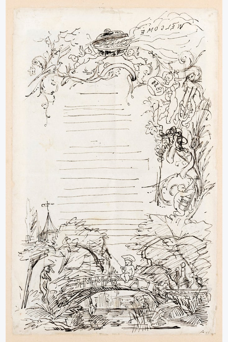 xx Félicien Rops (1833-1898) La pêche au Jambon ou La Somme, 1858 Indian ink on paper: xx Félicien Rops (1833-1898) La pêche au Jambon ou La Somme, 1858 Indian ink on paper Sketch on the reverse 20.5 x 12.5 cm