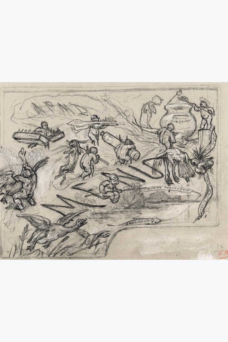 xx Félicien Rops (1833-1898) Menu politique, 1880 White chalk and pencil on paper Signed lower: xx Félicien Rops (1833-1898) Menu politique, 1880 White chalk and pencil on paper Signed lower right 13 x 16 cm