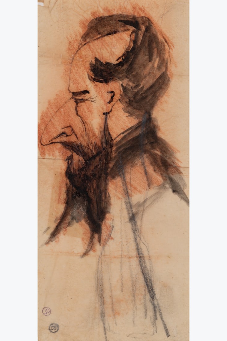 xx Félicien Rops (1833-1898) Caricature Indian ink, coloured pencils and pencil on paper 16 x 7 (1 of 1)