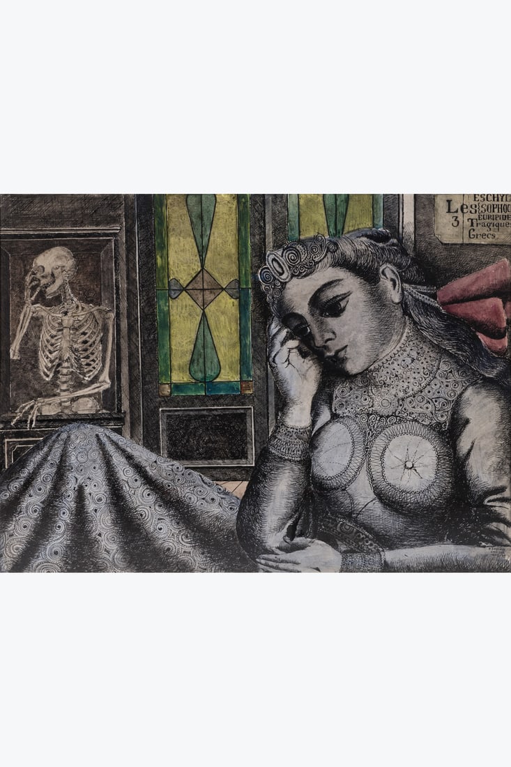 xx Paul Delvaux (1897-1994) - Femme et Squelette, 1 - 2 - 1949 Watercolour and Indian ink on paper (1 of 3)