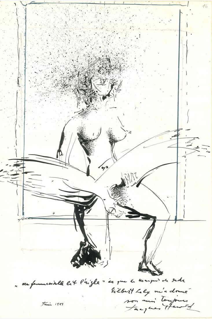 Jacques Hérold (1910-1987) L'Aigle, Mademoiselle, juin 1949 Indian ink and blue ink on paper (1 of 1)
