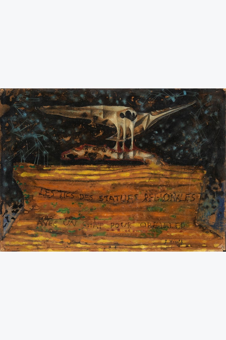 Jacques Hérold (1910-1987) Avec un chat pour oreiller, 1947 Mixed media on panel Signed and (1 of 1)