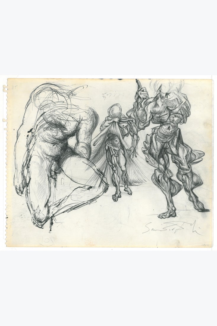 Salvador Dali (1904-1989) Etude de Figures Masculines, Trois Erotiques et Etude pour le Tableau :: Salvador Dali (1904-1989) Etude de Figures Masculines, Trois Erotiques et Etude pour le Tableau : Vitesse Maximale de la Vierge de Raphaël, 1952-1954 Work on both sides Ballpoint pen on paper Sig