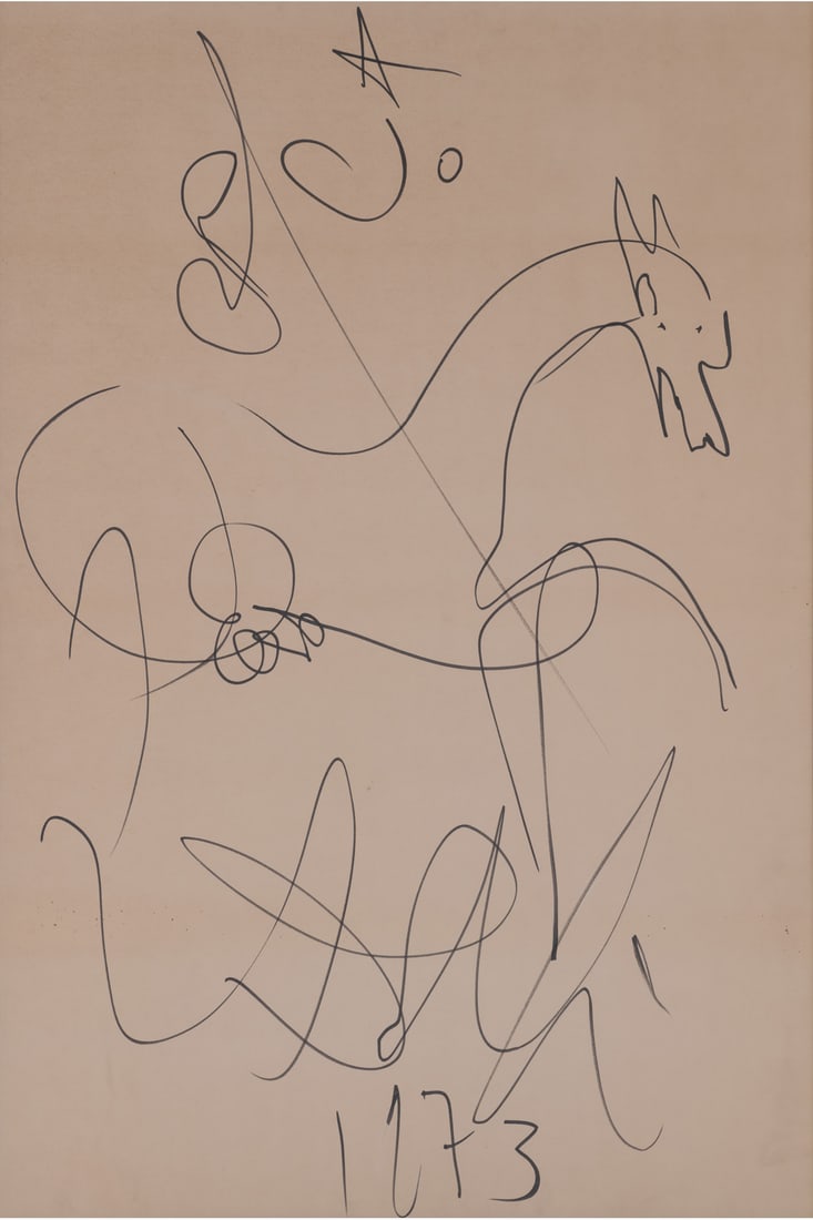 Salvador Dali (1904-1989) Cheval, 1973 Felt-tip pen on cardboard or paper, to be examined and: Salvador Dali (1904-1989) Cheval, 1973 Felt-tip pen on cardboard or paper, to be examined and removed from frame Signed and dated lower centre 96 x 65 cm (viewing dimensions) Provenance: Private colle
