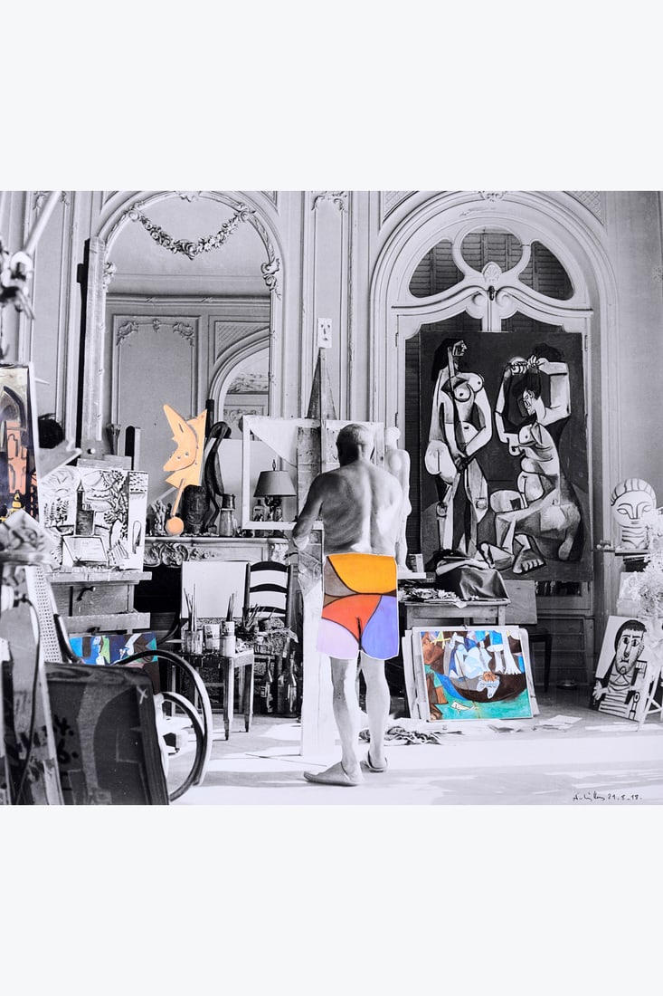 André Villers (1930-2016) Pablo Picasso dans son atelier, 29 août 1998 Silver gelatin: André Villers (1930-2016) Pablo Picasso dans son atelier, 29 août 1998 Silver gelatin print, cut, printed and collaged Signed and dated lower right 48 x 52 cm Provenance: - Galerie Laurent S