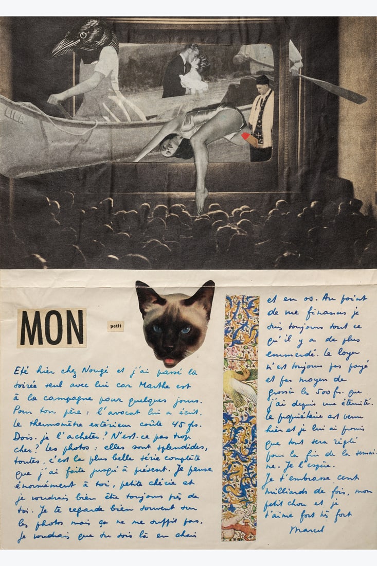Marcel Mariën (1920-1993) Mon petit chat, circa 1950 Handwritten letter and collage on paper: Marcel Mariën (1920-1993) Mon petit chat, circa 1950 Handwritten letter and collage on paper Signed lower right 30 x 21 cm Provenance: Private collection, Belgium Note: this letter is addressed