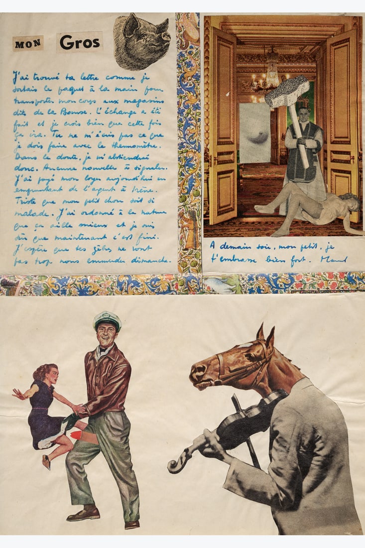 Marcel Mariën (1920-1993) Mon gros cochon, circa 1950 Handwritten letter and collage on paper: Marcel Mariën (1920-1993) Mon gros cochon, circa 1950 Handwritten letter and collage on paper Signed top right 30 x 21 cm Provenance: Private collection, Belgium Note: this letter is addressed