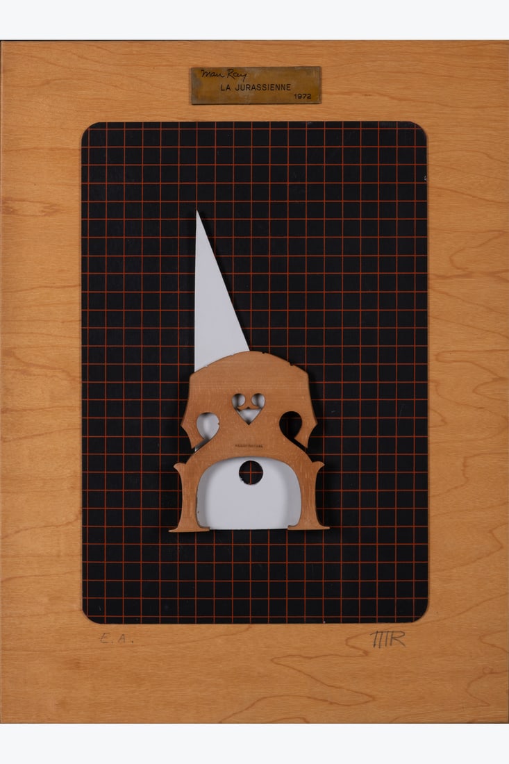 Man Ray (1890-1976) La Jurassienne, 1972 Painted wood cut out on painted cardboard on panel Signed,: Man Ray (1890-1976) La Jurassienne, 1972 Painted wood cut out on painted cardboard on panel Signed, dated and titled on a plaque at the top centre Counter-signed with initials at the bottom right