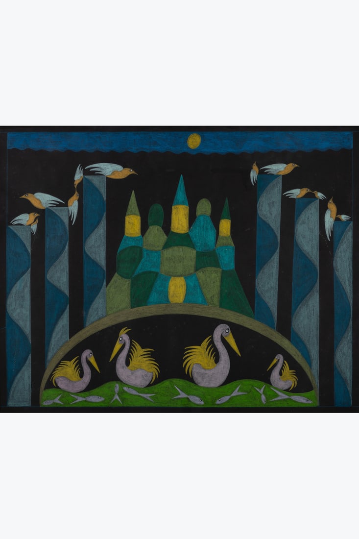 Scottie Wilson (1891-1972) House on the Bridge Coloured pastels on black paper 52 x 67 cm: Scottie Wilson (1891-1972) House on the Bridge Coloured pastels on black paper 52 x 67 cm Provenance: Private collection, Paris