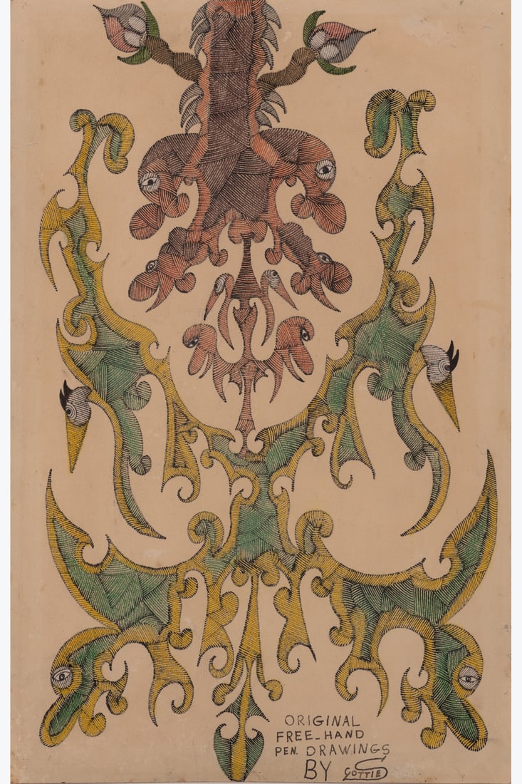 Scottie Wilson (1891-1972) Untitled Indian ink, coloured pencils and pencil on paper Signed and: Scottie Wilson (1891-1972) Untitled Indian ink, coloured pencils and pencil on paper Signed and annotated at the bottom centre, towards the right 35 x 25 cm Provenance: Private collection, Paris