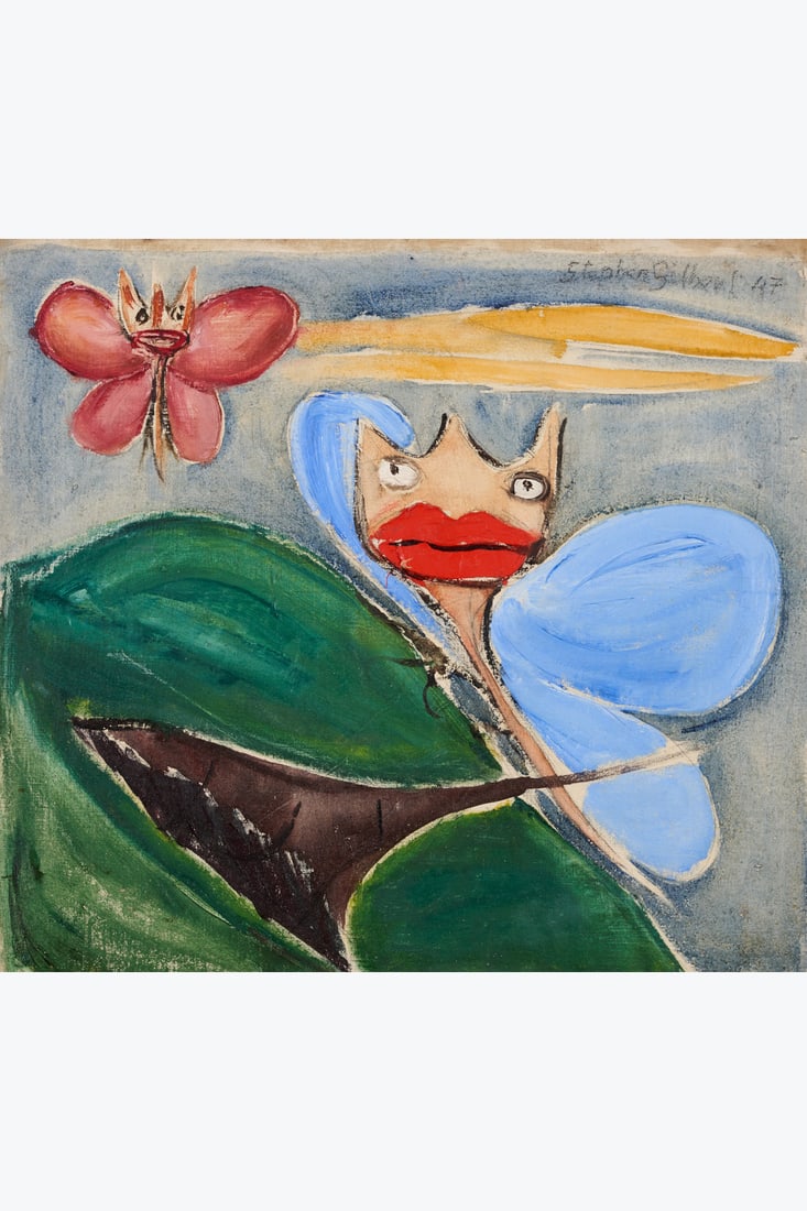 Stephen Gilbert (1910-2007) Double-sided work Front: Composition with butterfly, 1947 Reverse:: Stephen Gilbert (1910-2007) Double-sided work Front: Composition with butterfly, 1947 Reverse: Figure Mixed media on canvas Signed and dated top right on the front 36 x 40.5 cm Provenance: - Galerie