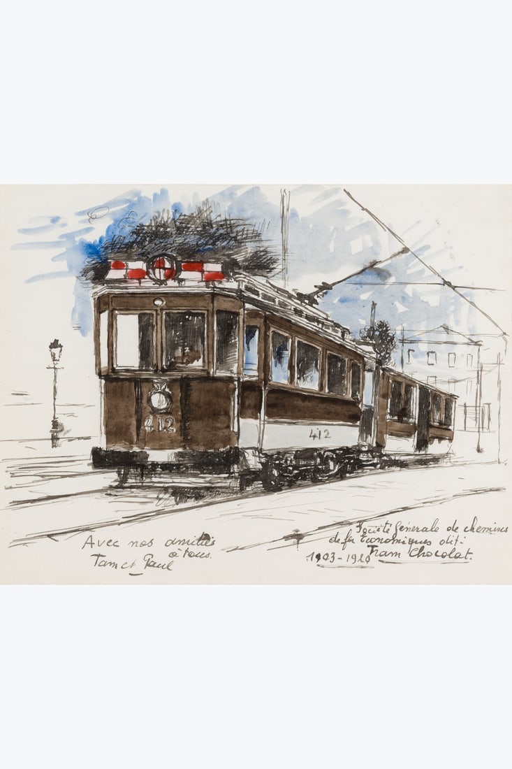 Paul Delvaux (1897-1994) Le tram chocolat Ink and watercolor on paper Dedicated and signed lower: Paul Delvaux (1897-1994) Le tram chocolat Ink and watercolor on paper Dedicated and signed lower left 21 x 26.5 cm Provenance Acquired from the Harold t' Kint Fine Arts Gallery Private collection