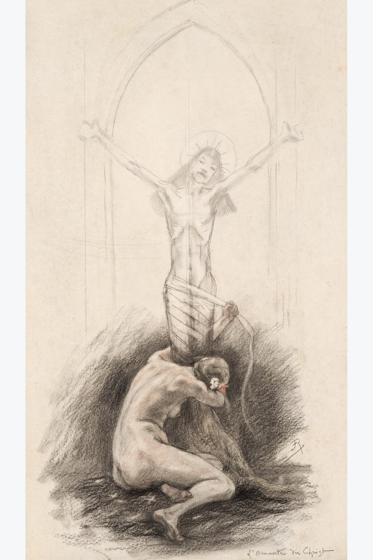 Félicien Rops (1833–1898) L'Amante du Christ Graphite and colored pencils on paper: Félicien Rops (1833–1898) L'Amante du Christ Graphite and colored pencils on paper Monogrammed and titled lower right 50 x 29 cm Provenance Private collection