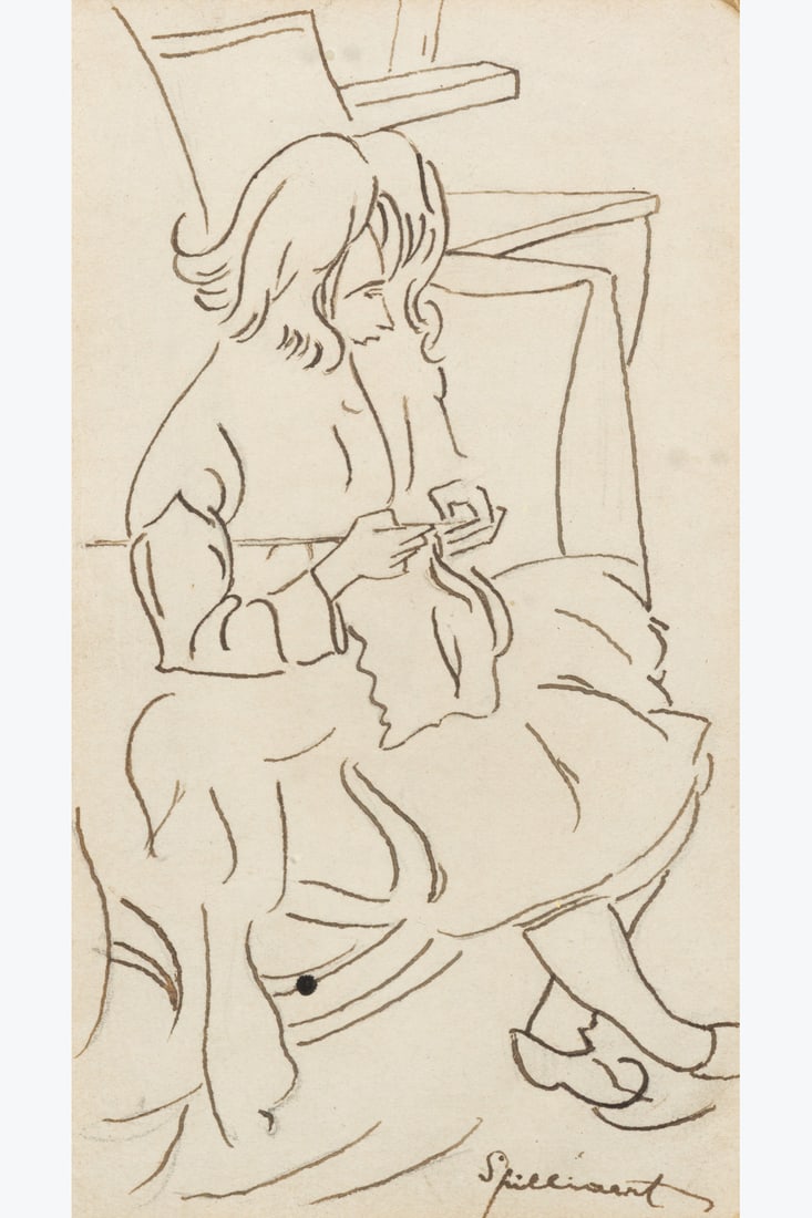 Léon Spilliaert (1881–1946) Girl Knitting, 1925 Pencil and black ink on paper Signed: Léon Spilliaert (1881–1946) Girl Knitting, 1925 Pencil and black ink on paper Signed lower right 13.5 x 7.3 cm Provenance Private collection Exhibition -1/3-26/3/1961: Léon Spilliaert