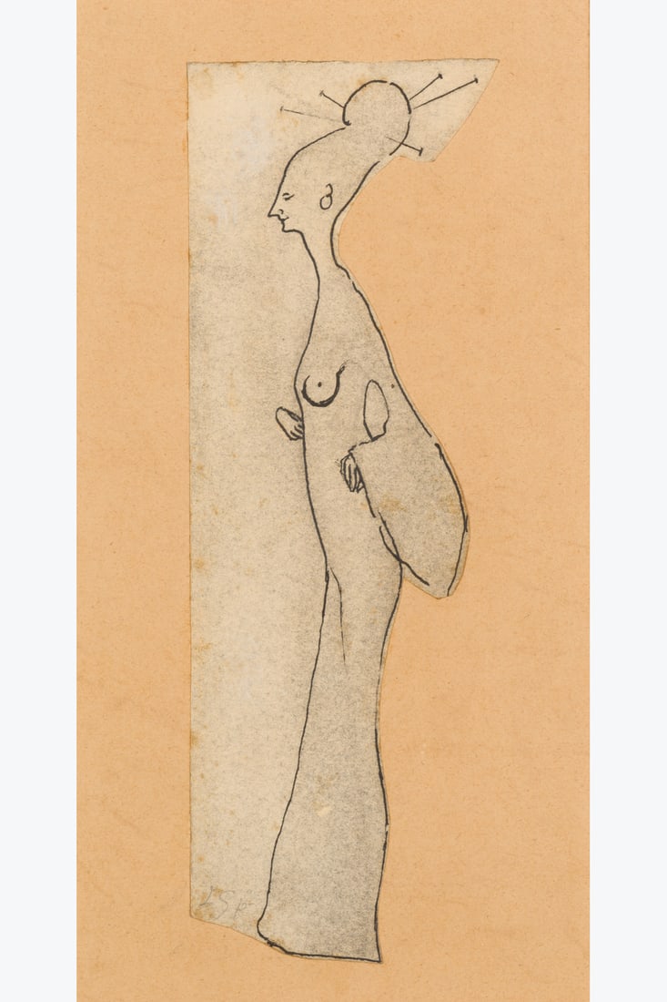 Léon Spilliaert (1881–1946) Geisha, 1902 Pencil and Indian ink on cut-out paper, mounted: Léon Spilliaert (1881–1946) Geisha, 1902 Pencil and Indian ink on cut-out paper, mounted on paper Signed with the initials LSp lower left 21.3 x 7.4 cm Provenance Private collection Based