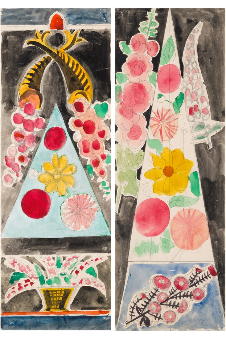 Jean Brusselmans (1884–1953) Floral composition, diptych, c: Jean Brusselmans (1884–1953) Floral composition, diptych, c. 1950 Watercolor, pencil, and collage on paper Unsigned 48 x 16.5 cm Provenance Private collection