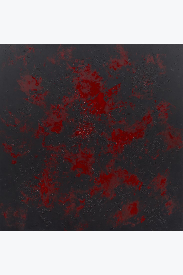 x Paul Van Hoeydonck (1925–2025) Spacecape, 1961 Oil, lacquer, and nails on panel Signed and: x Paul Van Hoeydonck (1925–2025) Spacecape, 1961 Oil, lacquer, and nails on panel Signed and dated on the reverse 120×120 cm Provenance: - Former collection of Hans and Käthi Liechti