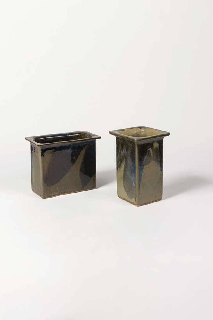 Pierre Culot (1938-2011) Set of two vases: Pierre Culot (1938-2011) Set of two vases Glazed stoneware Monogrammed beneath the base Models created circa 1989 H 18,5 × L 23 × W 12 cm H 22,5 × L 14 ×W 13,5 cm Our thanks to