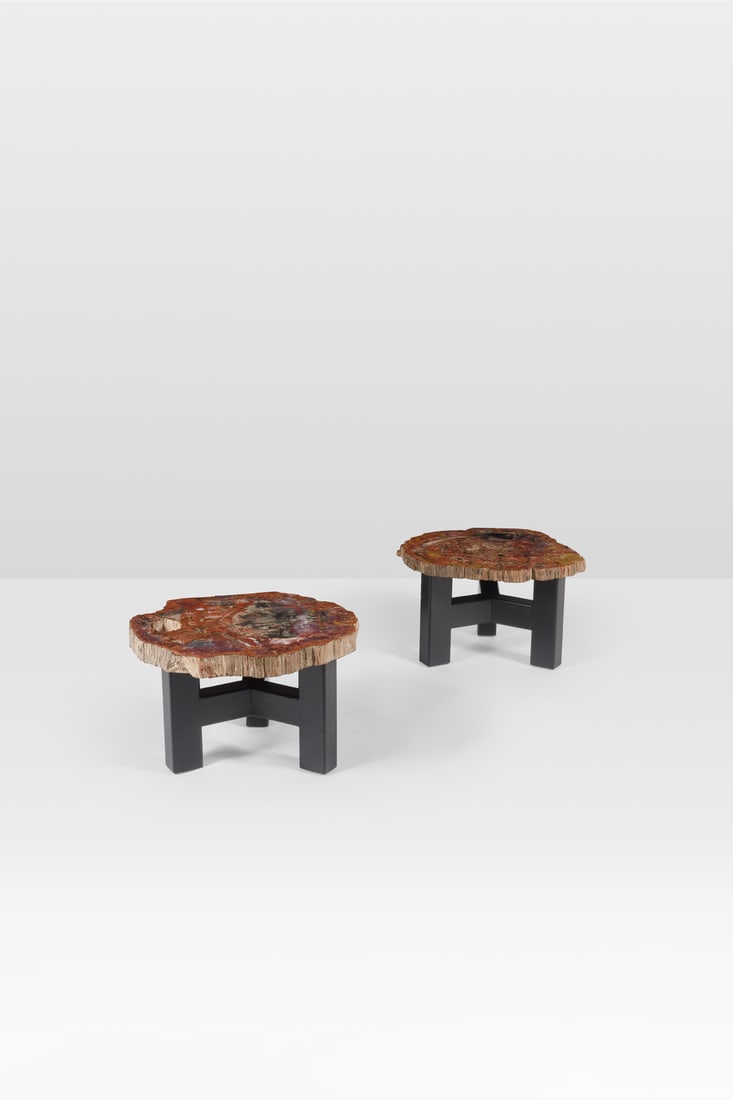 Ado Chale (1928-2025) Pair of side tables: Ado Chale (1928-2025) Pair of side tables Petrified redwood and black lacquered metal Model created circa 1970 H 35 × L 51 × W 49 cm H 35 × L 56 × W 53 cm The buyer can be