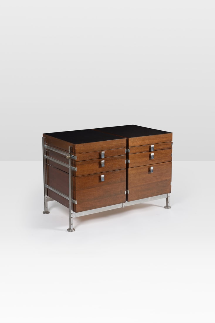 Jules Wabbes (1919-1974) Double storage unit: Jules Wabbes (1919-1974) Double storage unit Wood veneer, black melamine and chromed steel Model created circa 1960 H 68,5 × L 102 × W 58 cm Bibliography: M. Ferran-Wabbes, J. Persijn &