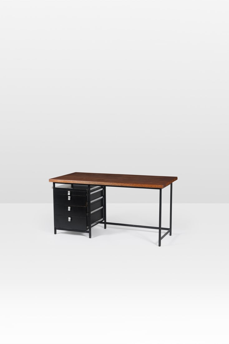 Jules Wabbes (1919-1974) Single-storage desk: Jules Wabbes (1919-1974) Single-storage desk Solid wenge, black lacquered metal and black lacquered wood Model created circa 1960 H 76 × L 152 × W 75 cm