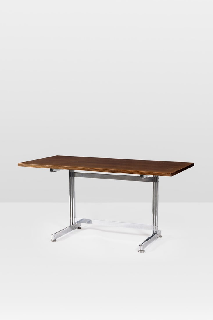 Jules Wabbes (1919-1974) Desk table: Jules Wabbes (1919-1974) Desk table Wood veneer and chromed steel Model created circa 1960 H 74 × L 152 × W 76 cm Bibliography : M. Ferran-Wabbes, J. Persijn &I.Strauven, 'Jules Wabbes: