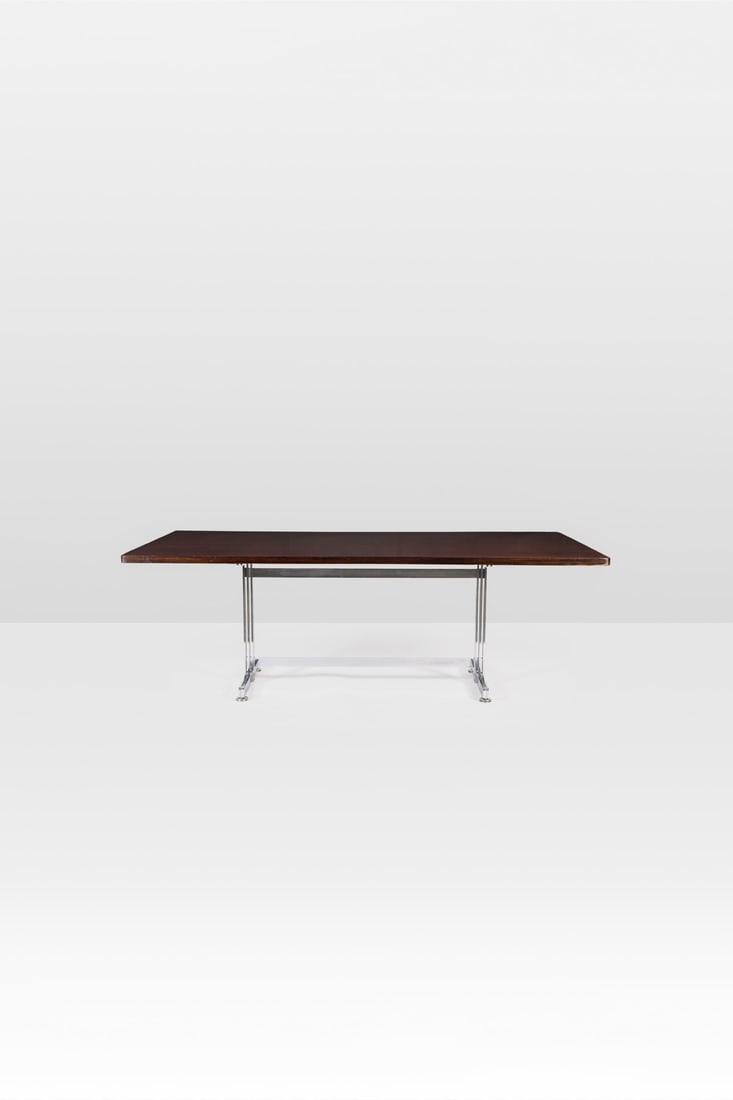Jules Wabbes (1919-1974) Table Wood veneer and chromed steel Model created circa 1960 H 75 × L: Jules Wabbes (1919-1974) Table Wood veneer and chromed steel Model created circa 1960 H 75 × L 220 × W 110 cm Bibliographie : M. Ferran-Wabbes, J.Persijn& I. Strauven, ‘Jules Wabbes: F