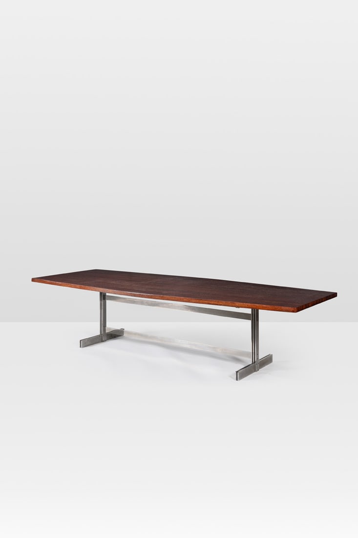 Jules Wabbes (1919-1974) Barrel-shaped long table: Jules Wabbes (1919-1974) Barrel-shaped long table Solid wenge and chromed steel Model created circa 1960 H 71 × L 300,5 × W 124 cm Bibliography: - M. Ferran-Wabbes, 'Jules Wabbes,