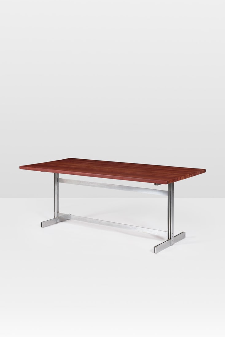 Jules Wabbes (1919-1974) Table: Jules Wabbes (1919-1974) Table Solid wood and chromed steel Model created circa 1960 H 72 × L 183 × W 86,5 cm Bibliography: M. Ferran-Wabbes, J. Persijn & I. Strauven, 'Jules Wabbes: