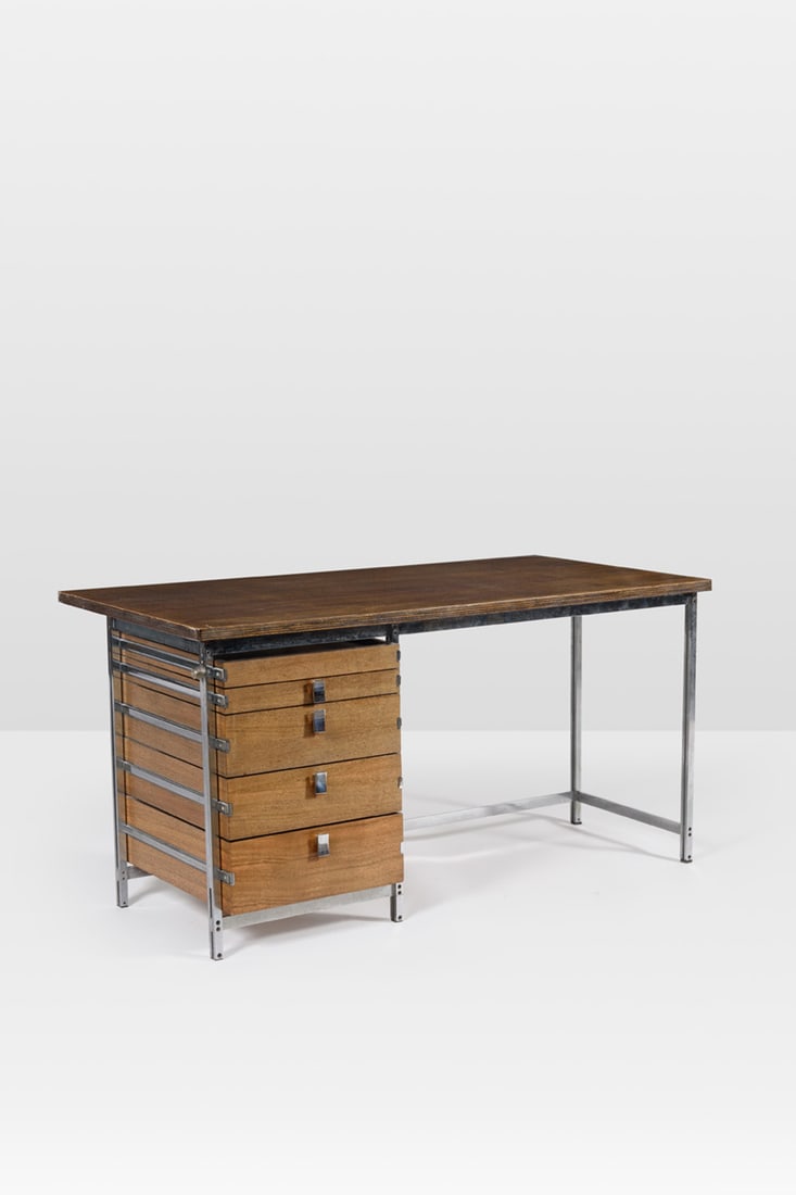 Jules Wabbes (1919-1974) Desk with single storage to the left: Jules Wabbes (1919-1974) Desk with single storage to the left Wood veneer and chromed steel Model created circa 1960 H 75 × L 152 × W 76 cm