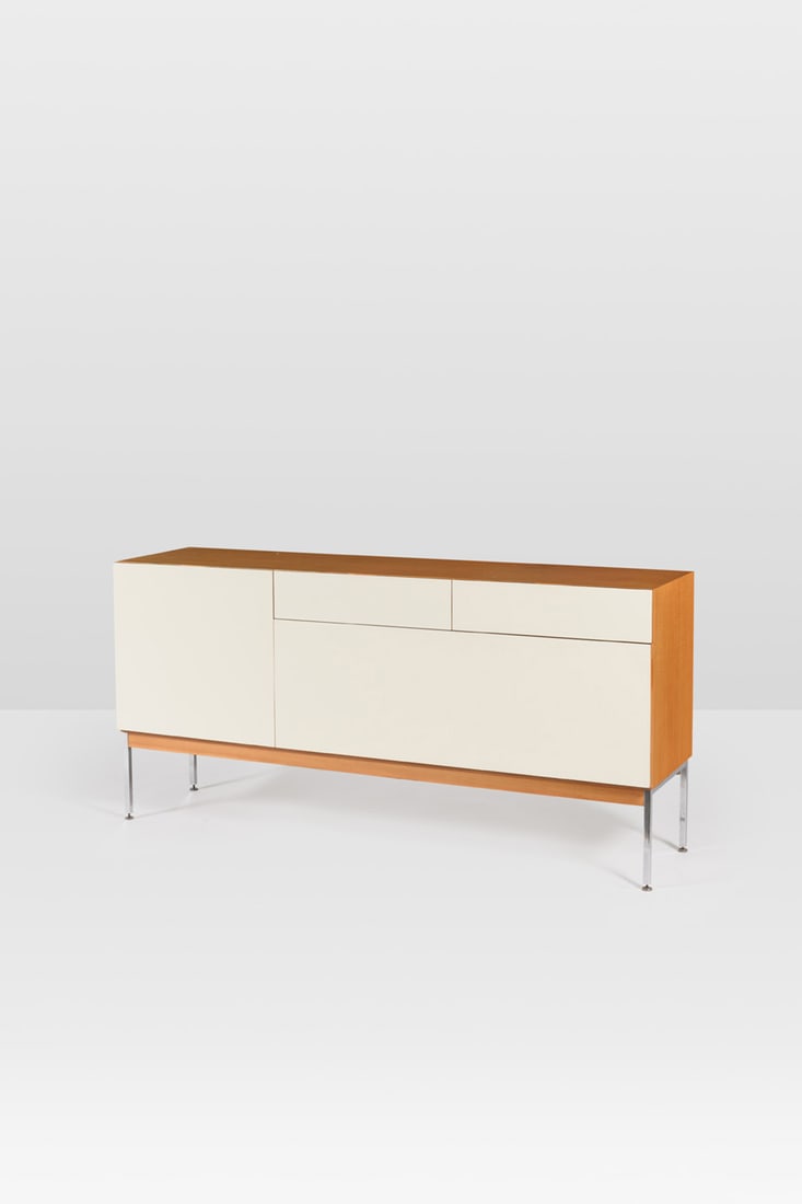 Antoine Philippon (1930-1995) & Jacqueline Lecoq (born 1932) Sideboard: Antoine Philippon (1930-1995) & Jacqueline Lecoq (born 1932) Sideboard Cherrywood, white stratified wood and chromed steel Edited by Bofinger Manufacturer's label Model created in 1958 H 86 × L 1