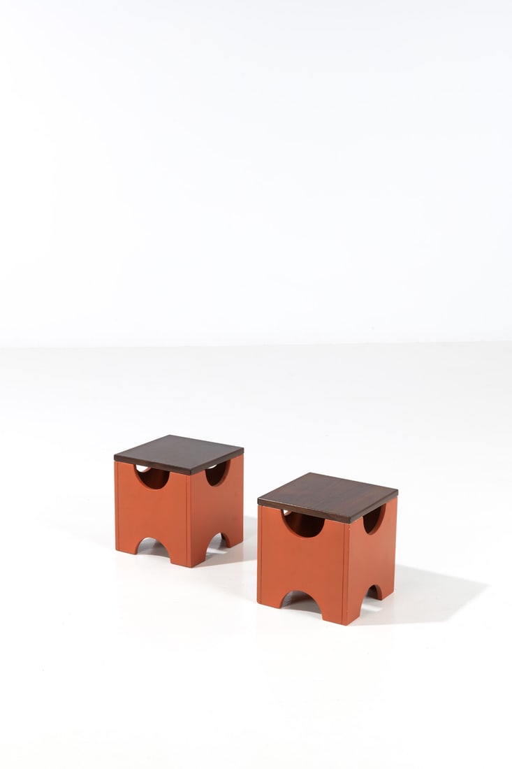 Ettore Sottsass (1917-2007) Pair of side tables - Model T29,: Ettore Sottsass (1917-2007) Pair of side tables - Model T29, 'Dado' Lacquered wood and varnish Edited by Poltronova Models created in the 1960s H 31,5 × L 29 × W 29 cm Bibliography: F. Zanel