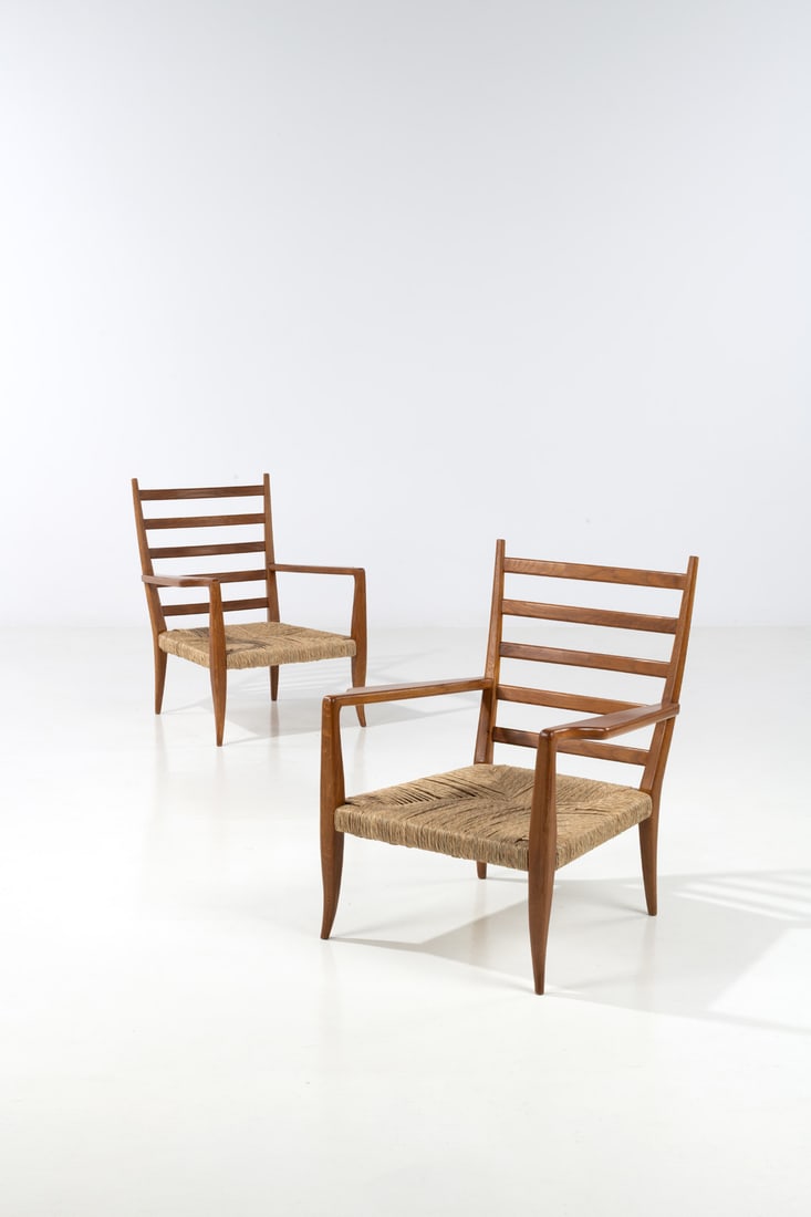 Gio Ponti (1891-1979) Pair of armchairs: Gio Ponti (1891-1979) Pair of armchairs Ash wood and rope Models created in the 1930s H 90 × L 71 × W 71 cm Expertise conducted by the Gio Ponti Archives.