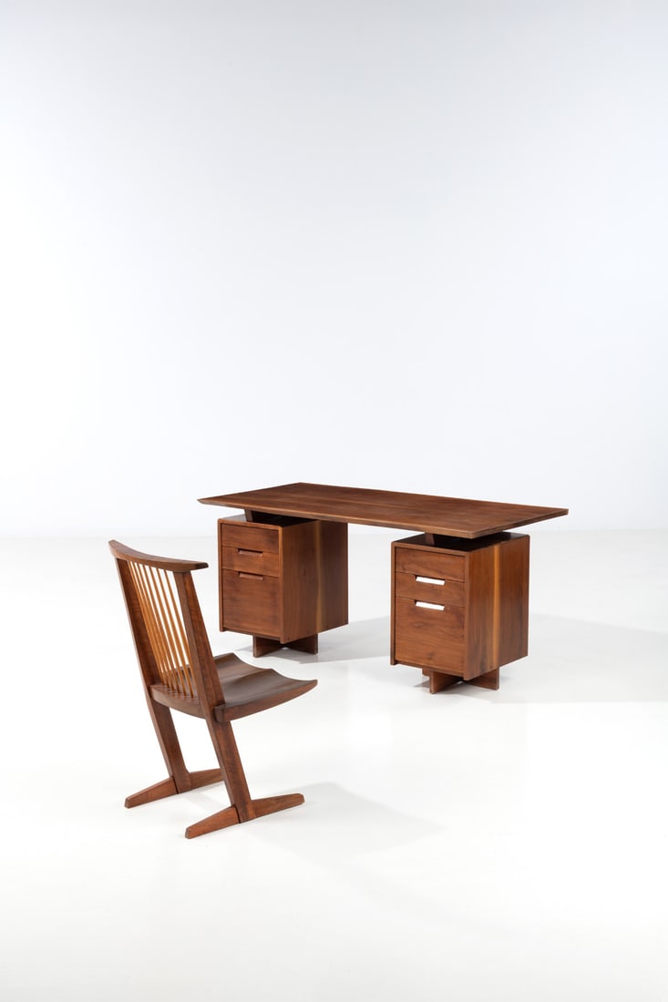 George Nakashima (1905-1990) Desk and chair – Double Pedestal Model: George Nakashima (1905-1990) Desk and chair – Double Pedestal Model (desk) and Conoid chair Walnut Desk created circa 1968; chair circa 1974 H 73 × L 153 × W 80 cm (desk) H 90 ×