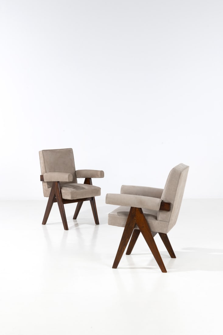 Pierre Jeanneret (1896-1967) Pair of ‘Committee chairs’: Pierre Jeanneret (1896-1967) Pair of ‘Committee chairs’ Teak and fabric Model created circa 1960 H 91 × L 58 × W 55 cm Provenance: Administrative buildings, Chandigarh, India