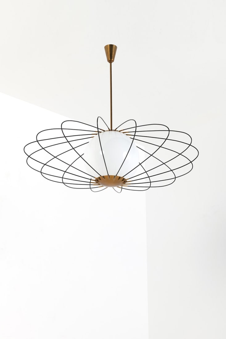 Angelo Lelii (1915-1987) Suspension: Angelo Lelii (1915-1987) Suspension Glass, brass and aluminum Edited by Arredoluce Model created circa 1950 H 84 × Ø 97 cm Expertise conducted by the Arredoluce Archives