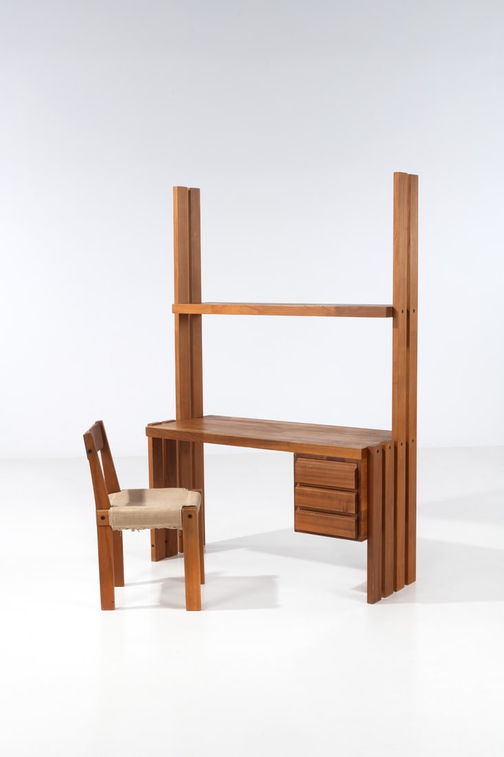 Pierre Chapo (1927-1987) Shelf-desk and chair, model S24: Pierre Chapo (1927-1987) Shelf-desk and chair, model S24 Elm wood and fabric Models created in the 1960s H 184 × L 125 × W 54 cm (shelf) H 76 × L 41 × W 49 cm (chair)