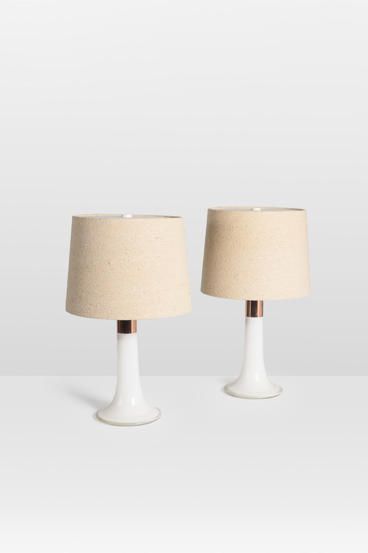 Lisa Johansson-Pape (1907-1989) Pair of table lamps - Model ‘no. 46-017’: Lisa Johansson-Pape (1907-1989) Pair of table lamps - Model ‘no. 46-017’ Glass, copper and fabric Edited by Orno Model created circa 1961 H 61 cm (with lampshade)