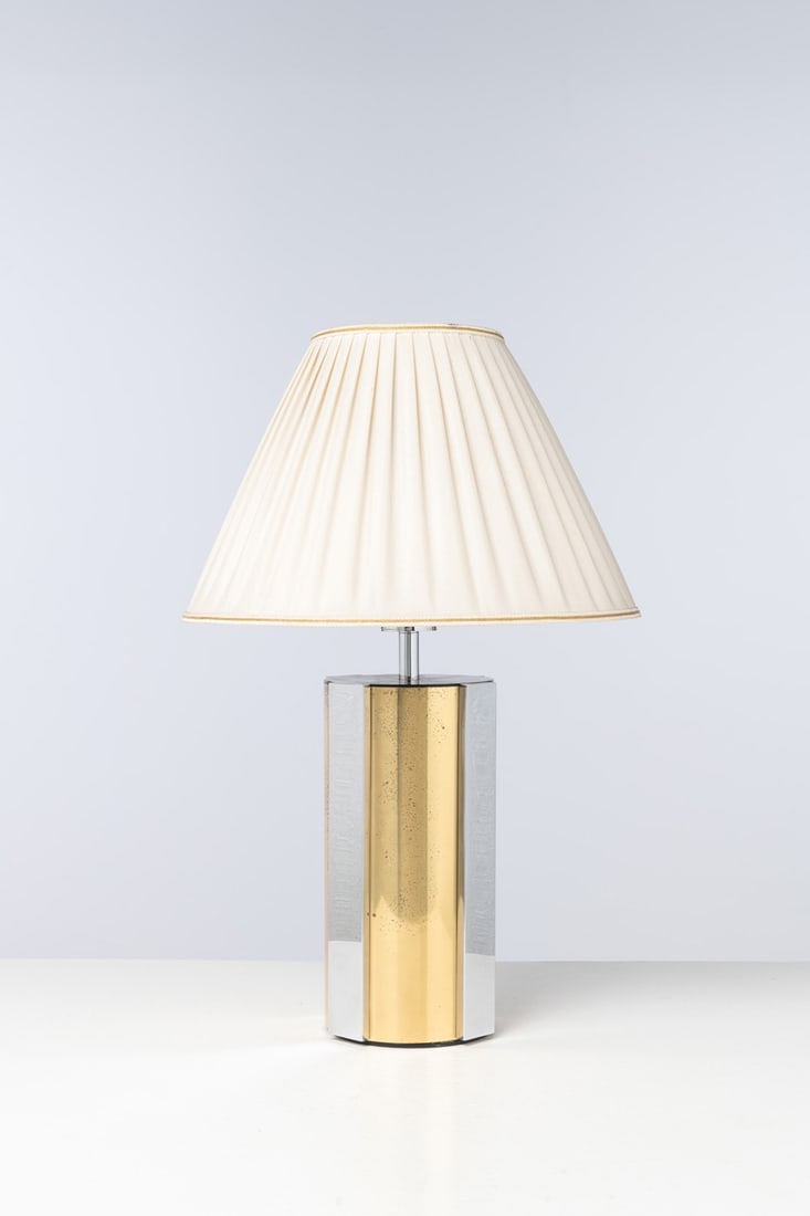 Angelo Lelii (1915-1987) Table lamp: Angelo Lelii (1915-1987) Table lamp Brass, nickel brass and glass Arredoluce Edition Model created circa 1974 H 40 × Ø 17,5 cm (without lampshade) Total height with lampshade : 61 cm Bibliog