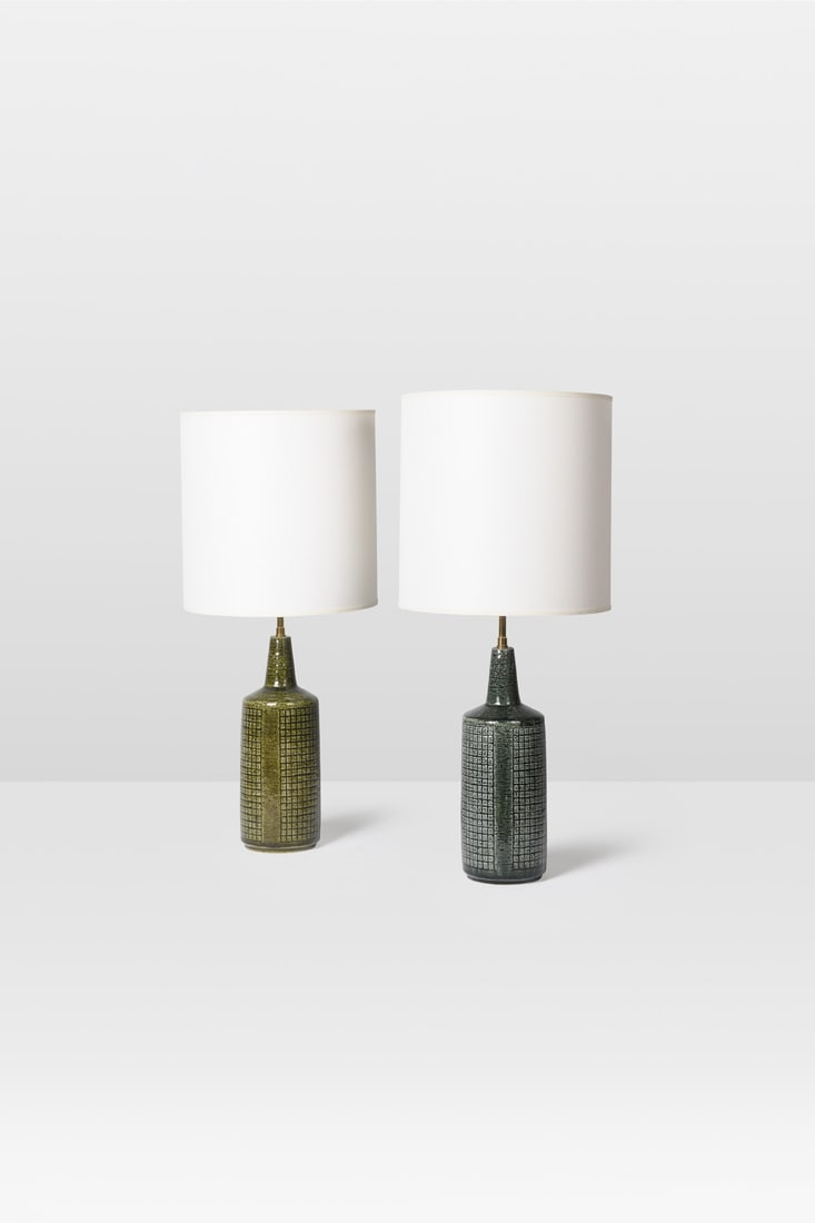Per Linnemann-Schmidt (1912-1999) Set of two table lamps - Model 'DL30': Per Linnemann-Schmidt (1912-1999) Set of two table lamps - Model 'DL30' Glazed ceramic and fabric Edited by Palshus Incised Monogram, model number, and manufacturer’s name Model created in the 1