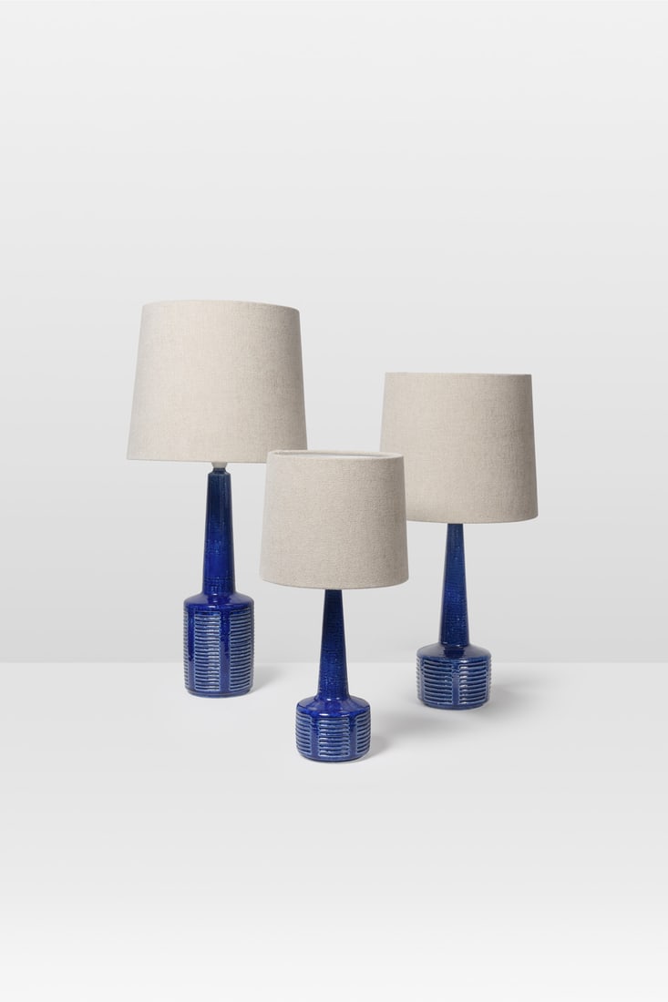 Per Linnemann-Schmidt (1912-1999) Set of three table lamps: Per Linnemann-Schmidt (1912-1999) Set of three table lamps Models 'DL32', 'DL35', 'DL34' Glazed ceramic and fabric Edited by Palshus Incised monogram, model number, and manufacturer’s name