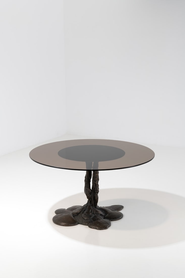 Contemporary production (20 th c.) Round table: Contemporary production (20 th c.) Round table Bronze and smoked glass Model created circa 1970 H 69 × Ø 130 cm