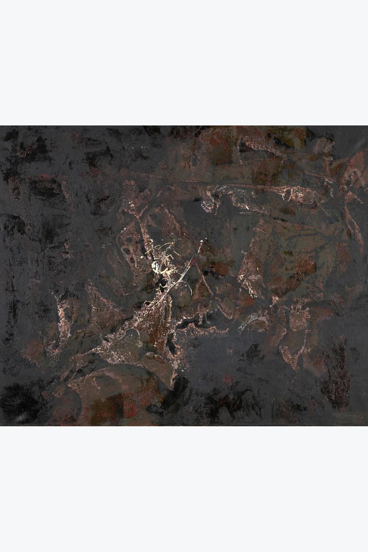 Bernard Requichot (1929-1961) L'écorce peu terrestre, 1955 Oil on canvas Signed lower right: Bernard Requichot (1929-1961) L'écorce peu terrestre, 1955 Oil on canvas Signed lower right (signature nearly illegible) Titled, dated, and annotated on the reverse 81 x 100 cm Provenance: Paul a